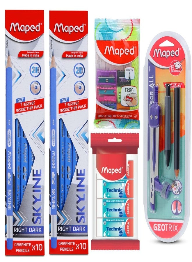 Maped All in One Stationery Kit| Skyline Wooden Pencils-2pack| Jumbo size eraser-4pcs|Ergo Tip Sharpener-6pcs|Geotrix Compass with Wooden & Mechanical Pencil| BTS essential kit|stationery for students - Image 1